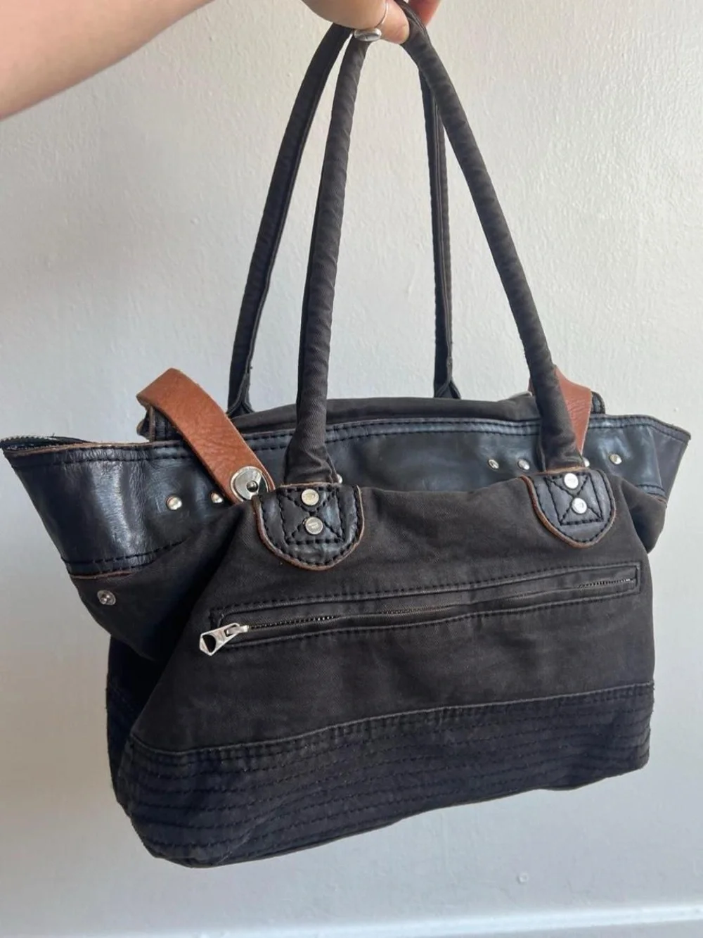 Diesel Black Canvas & Leather Tote Bag